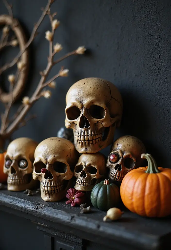 30 Halloween Mantel Decor Ideas for a Spooky Touch 2 30 Halloween Mantel Decor Ideas for a Spooky Touch - 2. Eerie Skull Decor