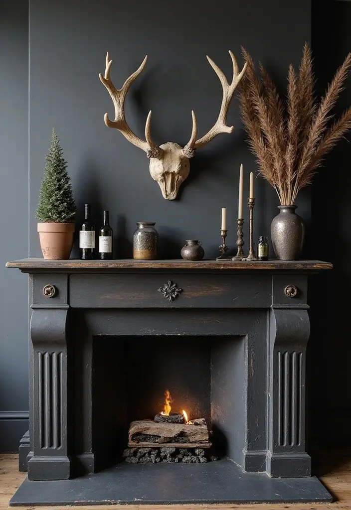 30 Halloween Mantel Decor Ideas for a Spooky Touch 20 30 Halloween Mantel Decor Ideas for a Spooky Touch - 20. Feathers and Antlers