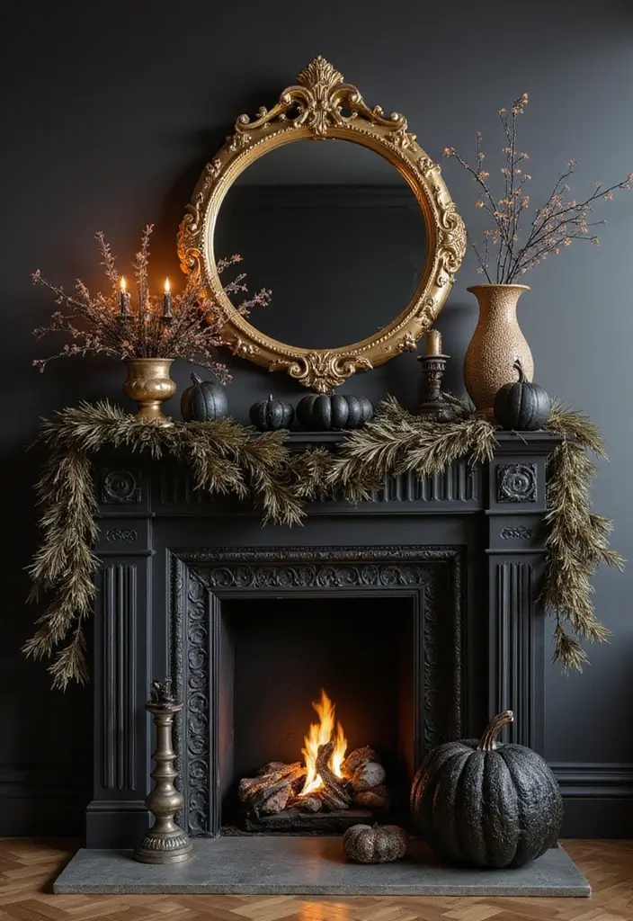 30 Halloween Mantel Decor Ideas for a Spooky Touch 21 30 Halloween Mantel Decor Ideas for a Spooky Touch - 21. Black and Gold Accents