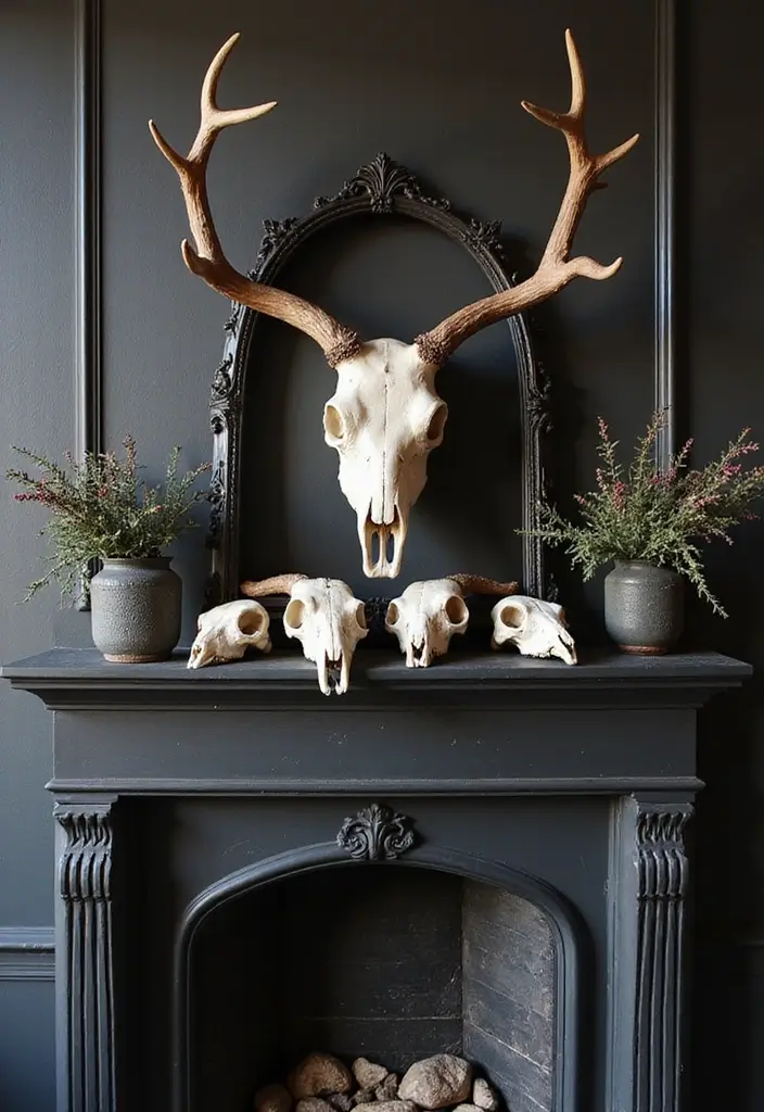 30 Halloween Mantel Decor Ideas for a Spooky Touch 22 30 Halloween Mantel Decor Ideas for a Spooky Touch - 22. Faux Animal Skulls