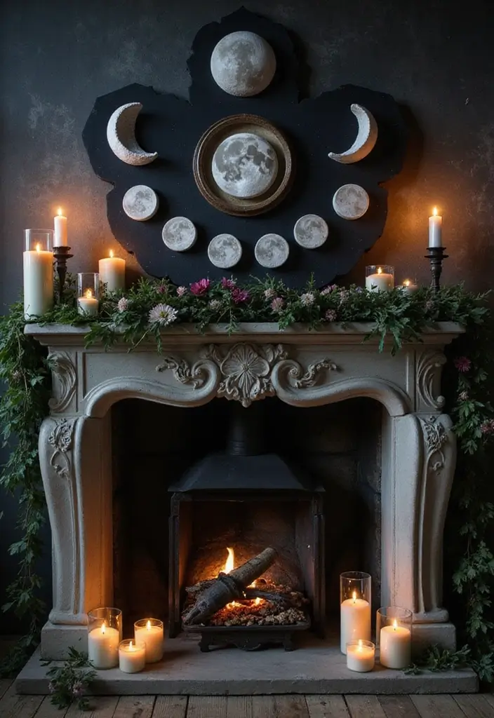 30 Halloween Mantel Decor Ideas for a Spooky Touch 23 30 Halloween Mantel Decor Ideas for a Spooky Touch - 23. Moon Phase Decor