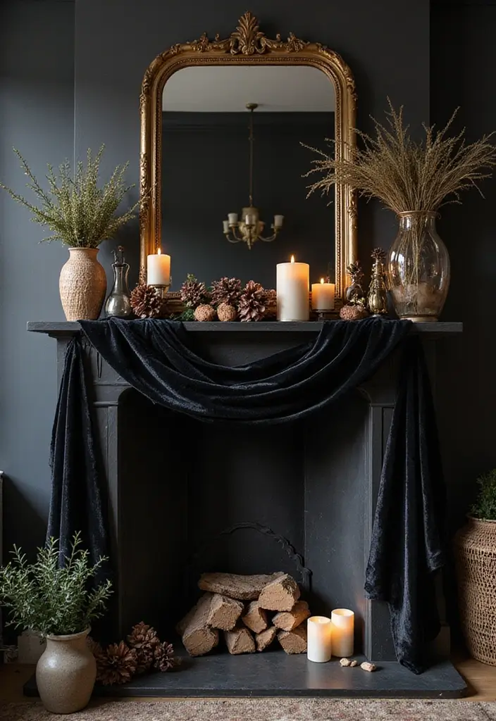 30 Halloween Mantel Decor Ideas for a Spooky Touch 24 30 Halloween Mantel Decor Ideas for a Spooky Touch - 24. Black Velvet Textiles