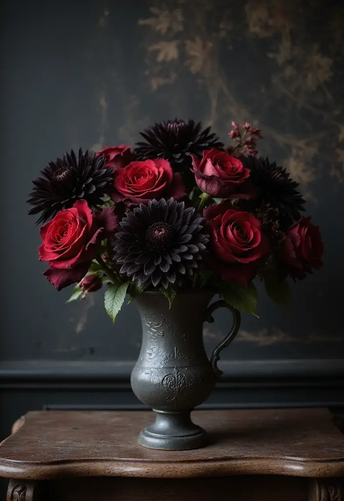 30 Halloween Mantel Decor Ideas for a Spooky Touch 3 30 Halloween Mantel Decor Ideas for a Spooky Touch - 3. Dark Floral Arrangements
