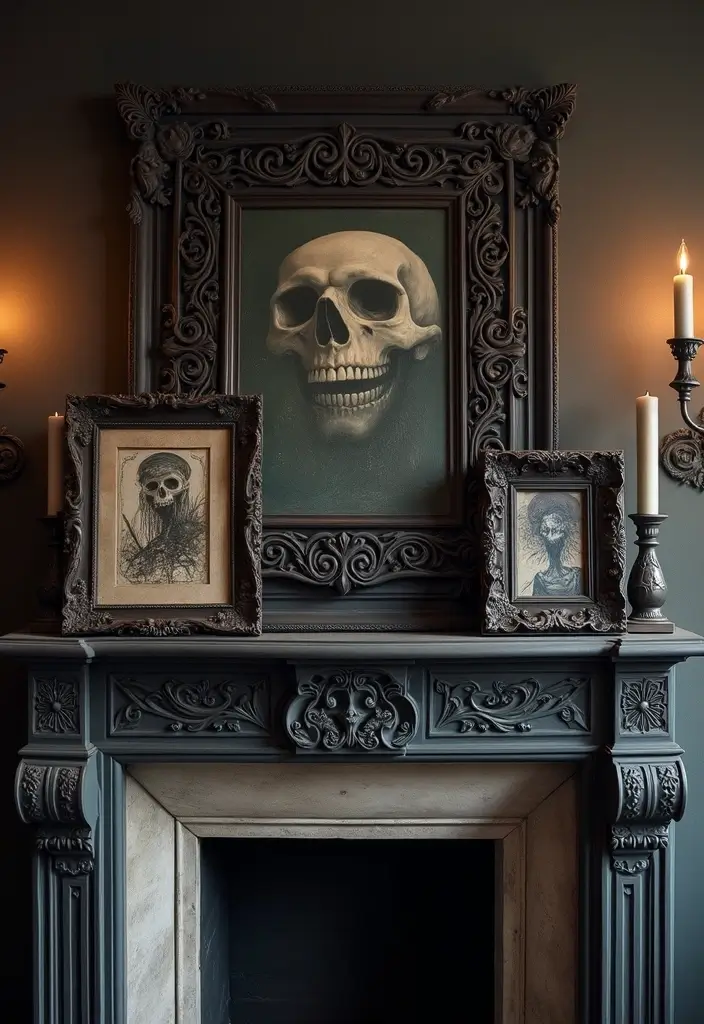 30 Halloween Mantel Decor Ideas for a Spooky Touch 5 30 Halloween Mantel Decor Ideas for a Spooky Touch - 5. Spooky Artwork