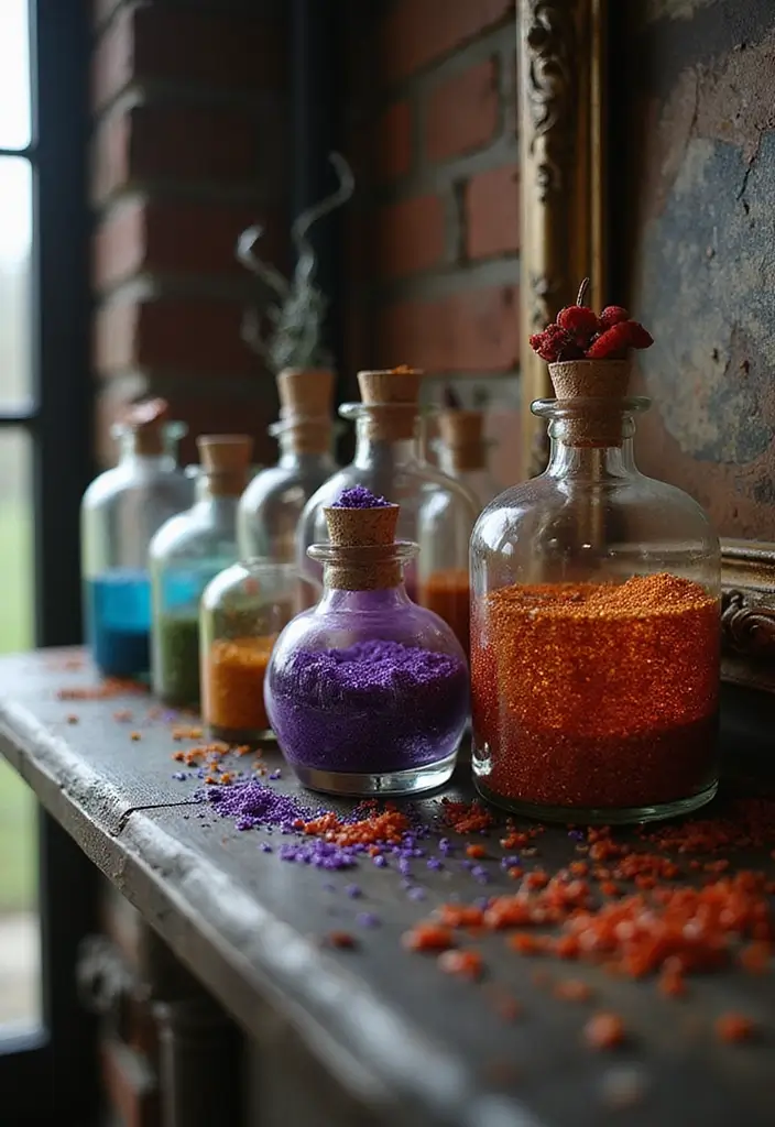 30 Halloween Mantel Decor Ideas for a Spooky Touch 9 30 Halloween Mantel Decor Ideas for a Spooky Touch - 9. Potion Bottles