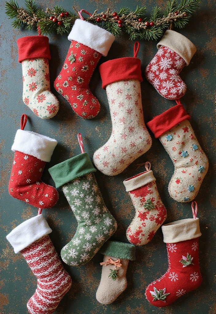 30+ Indoor Christmas Decoration Ideas for Every Style 11 30+ Indoor Christmas Decoration Ideas for Every Style - 11. Crafty Mixed Media Stockings