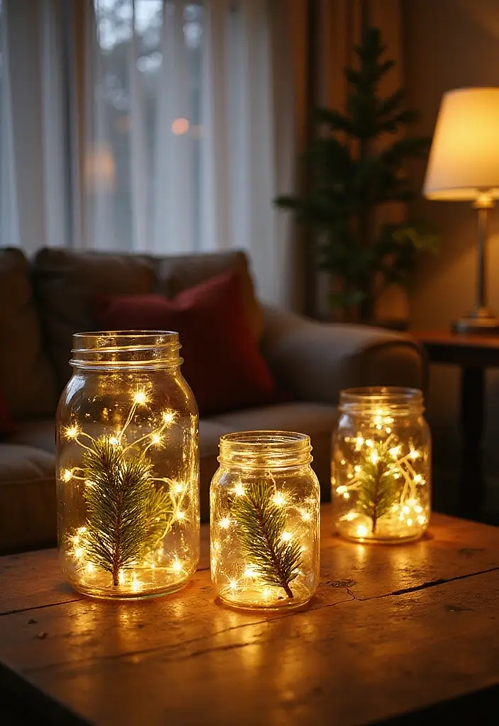 30+ Living Room Christmas Decor Ideas for a Festive Vibe 16 30+ Living Room Christmas Decor Ideas for a Festive Vibe - 16. Festive Mason Jar Lanterns