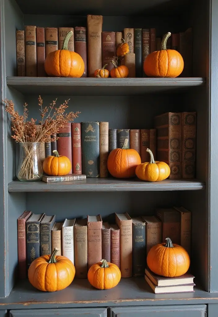 30+ Pumpkin Decoration Ideas for a Creative Halloween 11 30+ Pumpkin Decoration Ideas for a Creative Halloween - 11. Pumpkin Shelf Decor