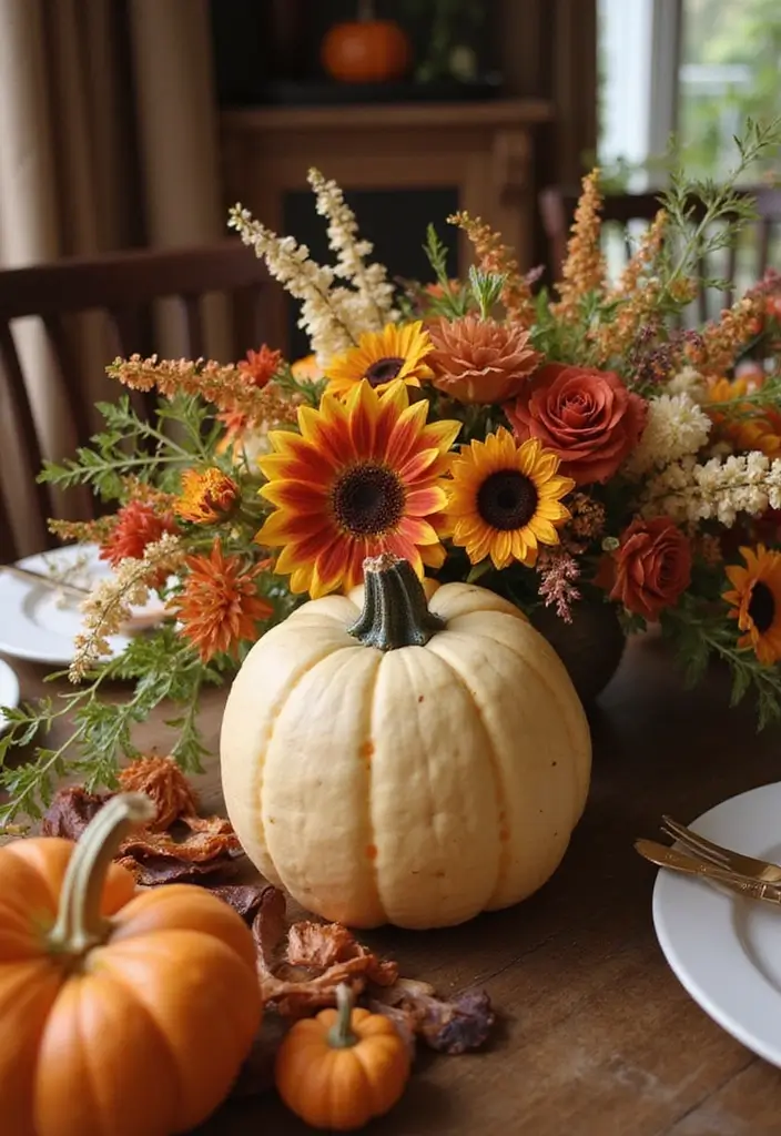30+ Pumpkin Decoration Ideas for a Creative Halloween 24 30+ Pumpkin Decoration Ideas for a Creative Halloween - 24. Pumpkin Arrangements with Seasonal Flowers