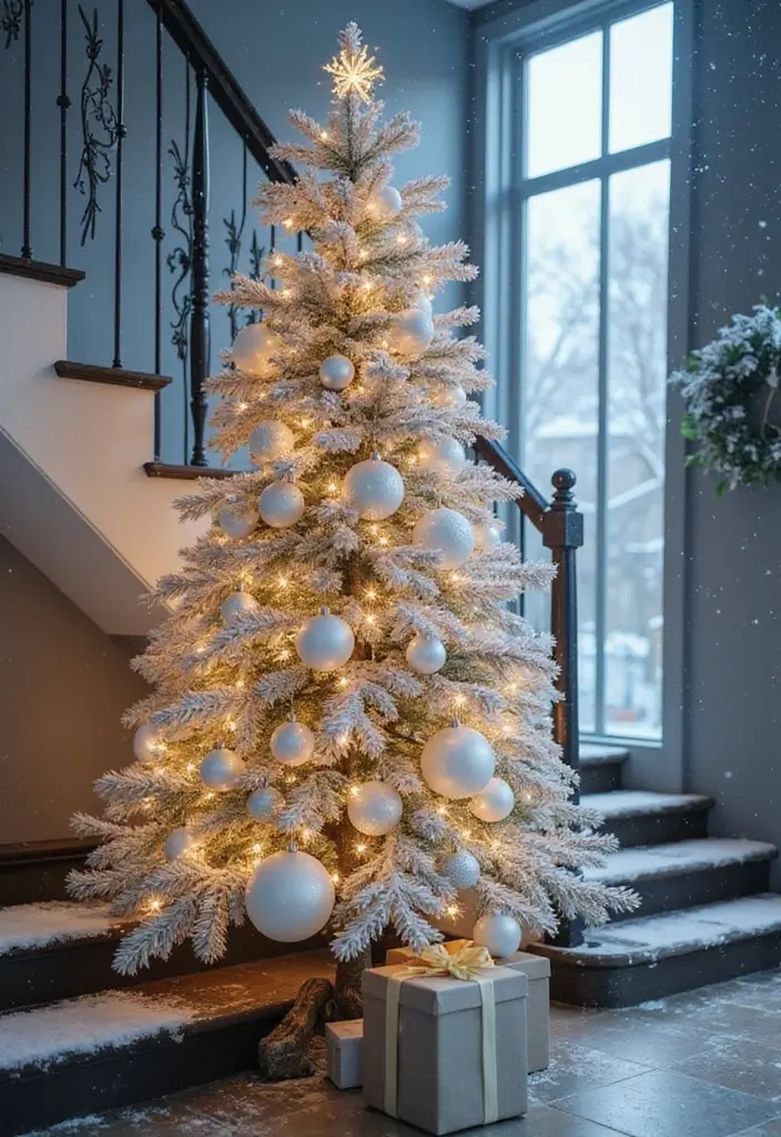 30+ Unique Christmas Tree Ideas That Look Amazing: Staircase Christmas Decor 14 30+ Unique Christmas Tree Ideas That Look Amazing: Staircase Christmas Decor - 14. Magical Snowy Tree