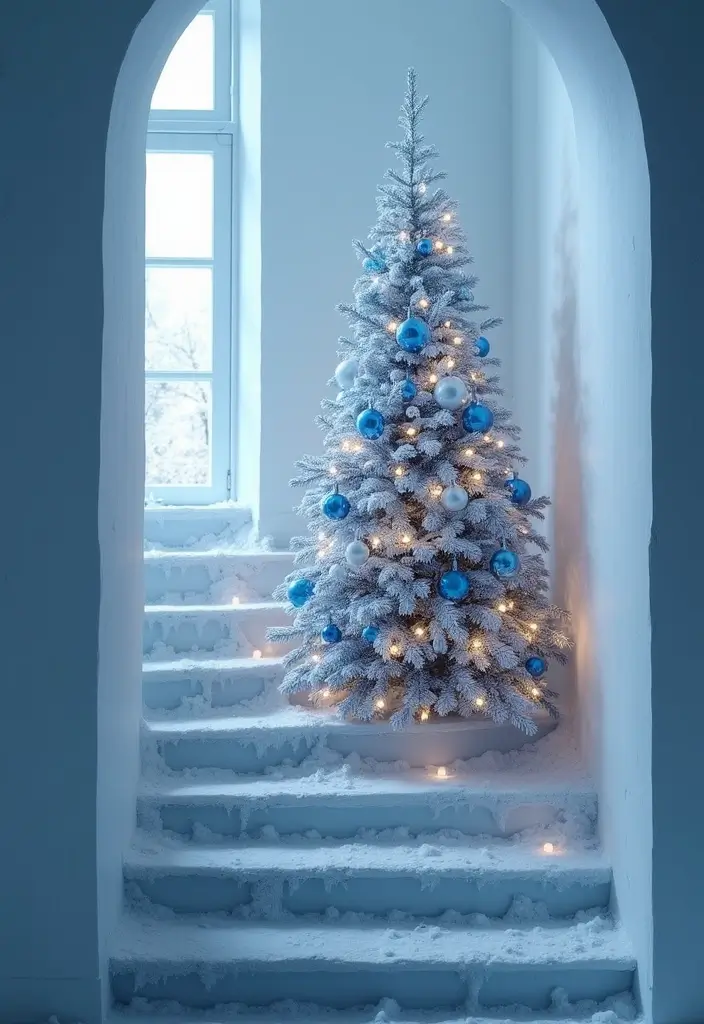30+ Unique Christmas Tree Ideas That Look Amazing: Staircase Christmas Decor 25 30+ Unique Christmas Tree Ideas That Look Amazing: Staircase Christmas Decor - 25. Icy Blue and White Theme