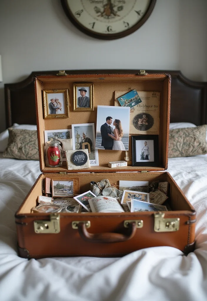 10 Couple Photo Frame Ideas for Bedroom for Sweet Personal Touch 4. Vintage Suitcase Photo Frame