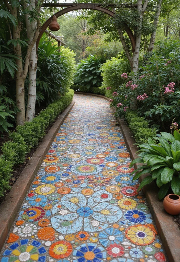 12 Backyard Sidewalk Ideas for Clean Functional Access 5. Colorful Mosaic Walkways