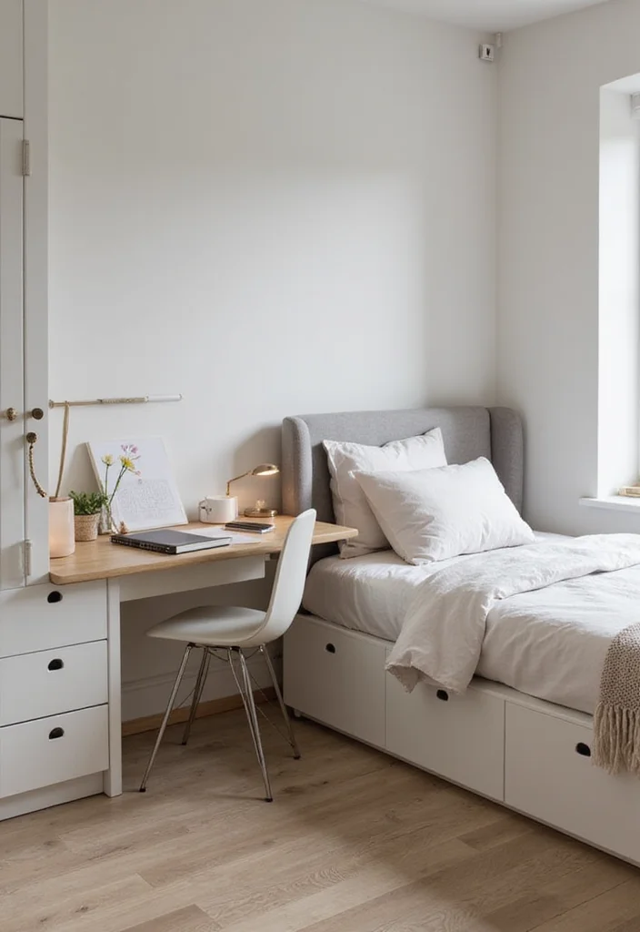 12 Bedroom Ideas With Study Table for Productive Comfortable Use 12 12 Bedroom Ideas With Study Table for Productive Comfortable Use 2. Minimalist Desk with Under bed Storage