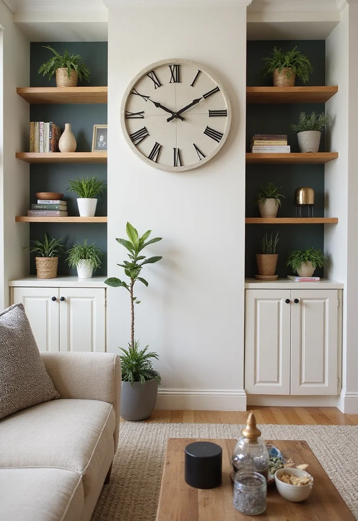 12 Clock Decor Ideas Living Room for Practical Stylish Accents 6. Clocks with Shelving for Functional Decor