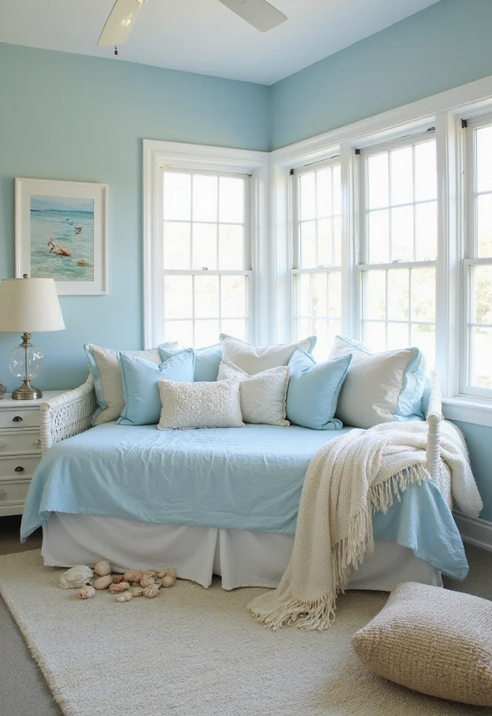 12 Day Bed Bedroom Ideas for Flexible Seating and Sleeping 7. Coastal Vibes with Light and Airy Touches