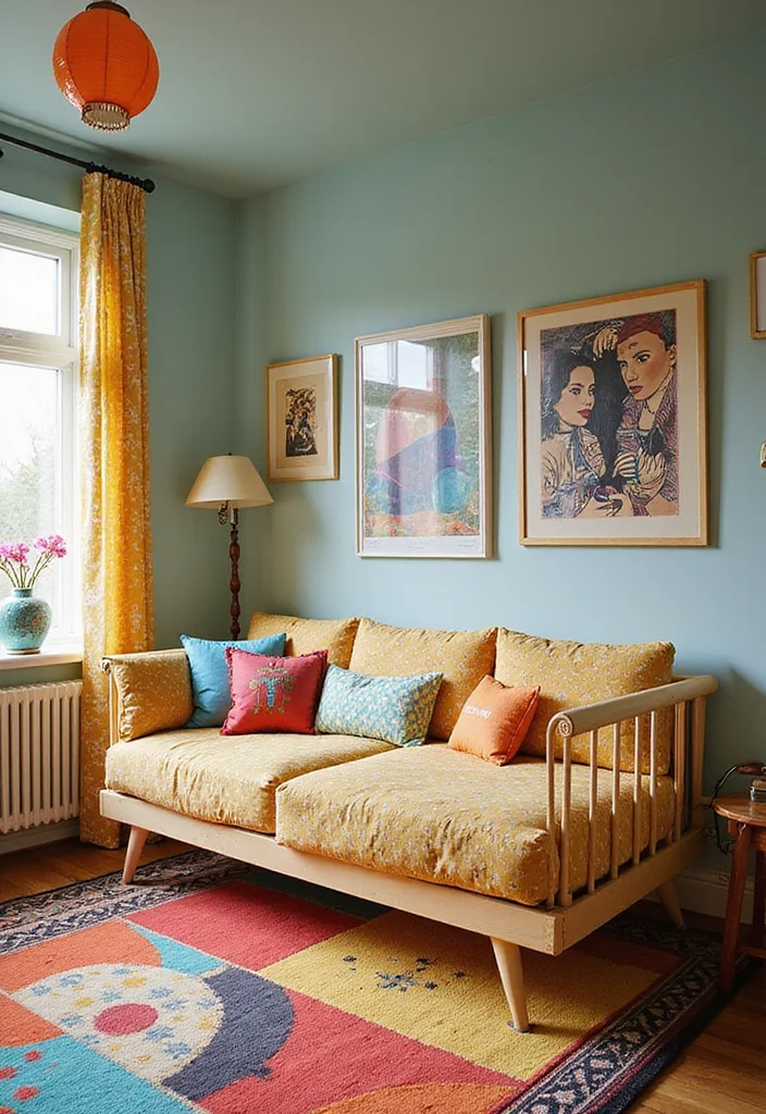 12 Day Bed Bedroom Ideas for Flexible Seating and Sleeping 9. Retro Pop with Playful Colors