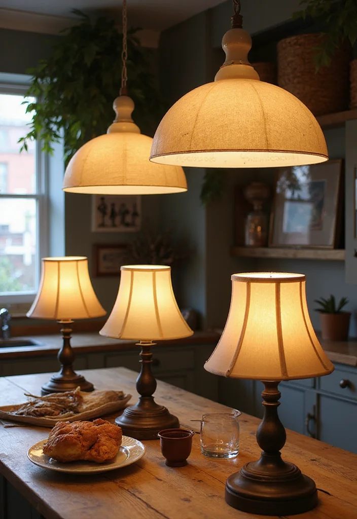 12 Kitchen Lamp Ideas for Better Light and Warm Ambience 8. Vintage Shades on Modern Base
