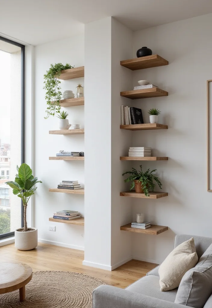 12 Living Room Column Decor Ideas for Stylish Integrated Design 1 12 Living Room Column Decor Ideas for Stylish Integrated Design 1. Embrace Minimalist Shelving