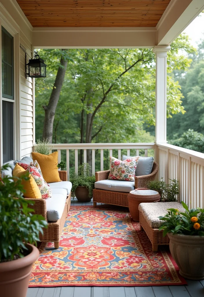 12 Small Backyard Porch Ideas for Cozy Practical Relaxation 56 12 Small Backyard Porch Ideas for Cozy Practical Relaxation 6. Outdoor Rugs for Comfort