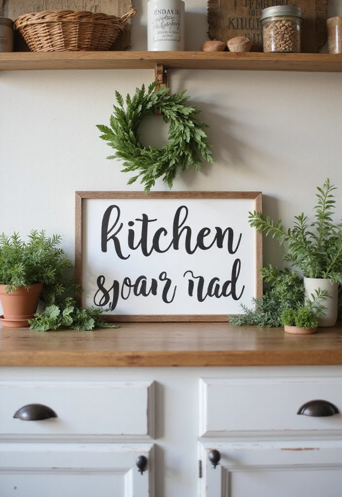 12 Top of Kitchen Cabinet Decor Ideas for Height and Style 56 12 Top of Kitchen Cabinet Decor Ideas for Height and Style 6. Rustic Signs
