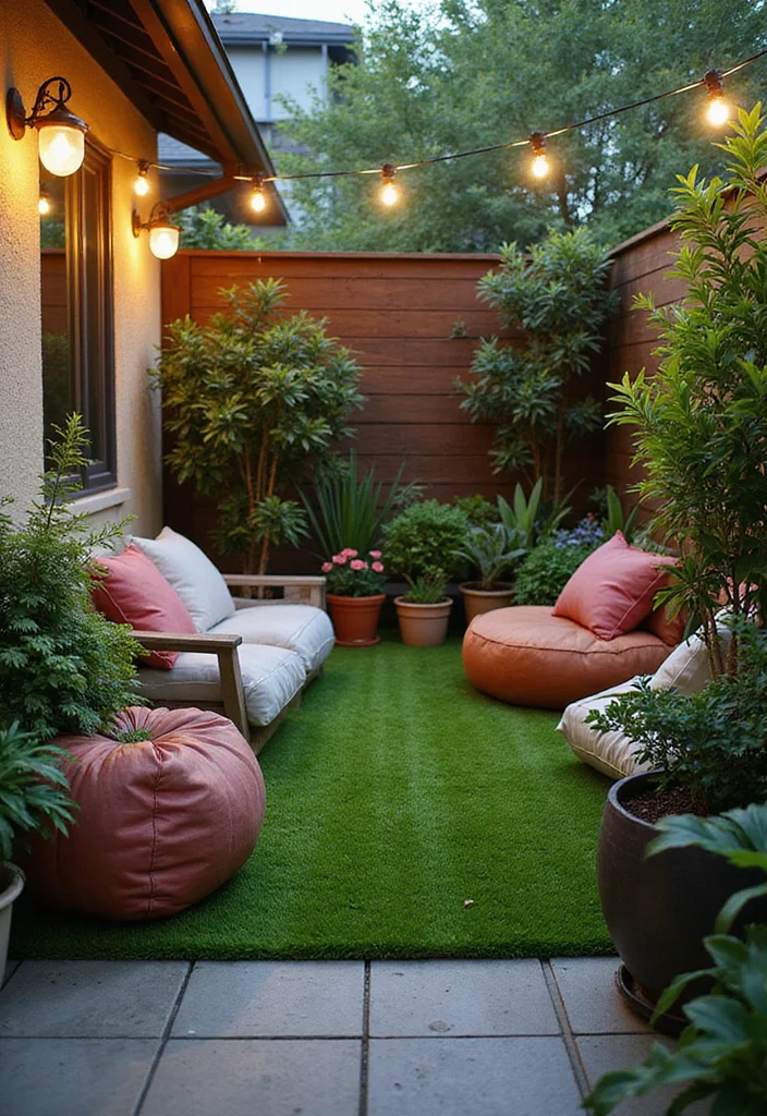 12 Turf Backyard Ideas for Low Maintenance Green Outdoor Space 1. Cozy Corner with Artificial Turf and Potted Plants