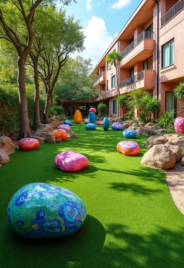 12 Turf Backyard Ideas for Low Maintenance Green Outdoor Space 10. Turf Art Installation