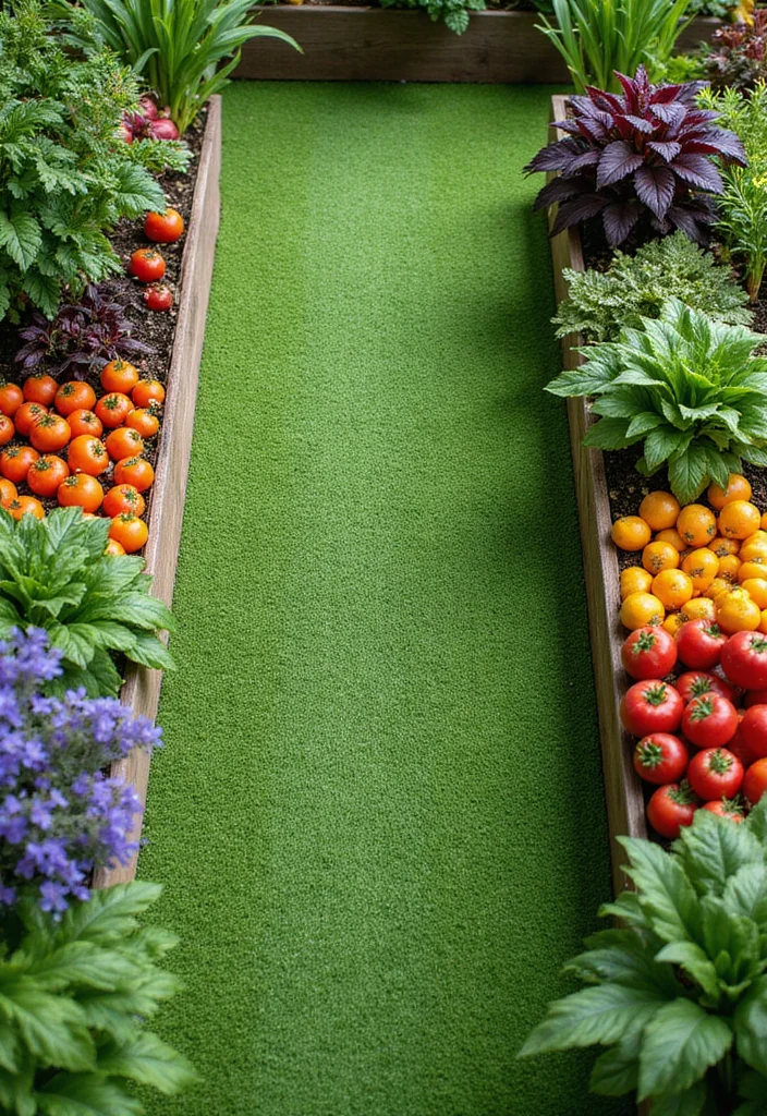 12 Turf Backyard Ideas for Low Maintenance Green Outdoor Space 11. Turf Garden with Raised Beds