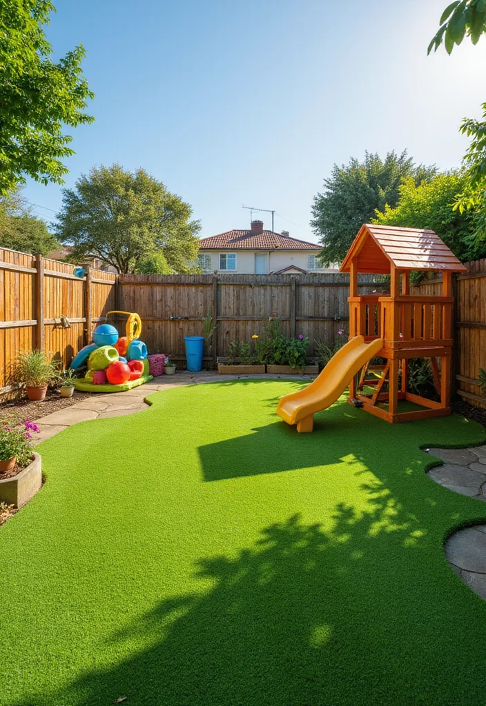 12 Turf Backyard Ideas for Low Maintenance Green Outdoor Space 2. Play Area for Kids with Artificial Grass