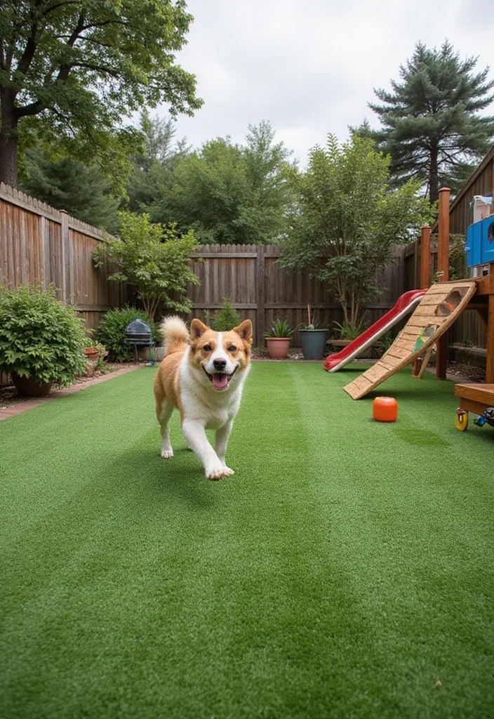 12 Turf Backyard Ideas for Low Maintenance Green Outdoor Space 8. Turf Playground for Pets
