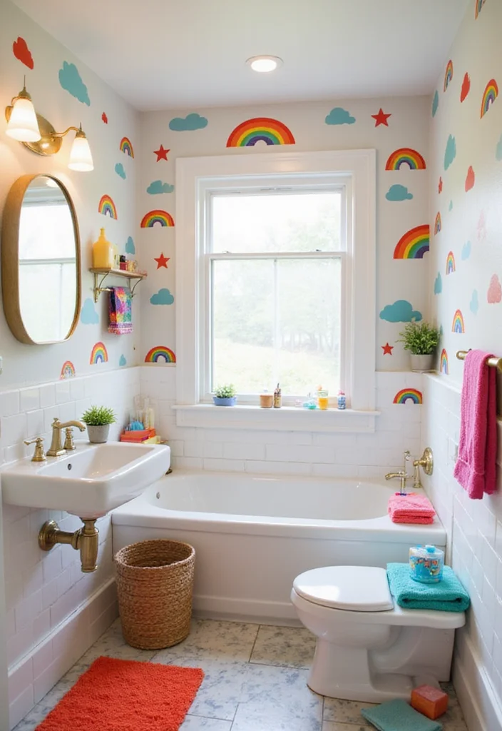 12 Unisex Kids Bathroom Ideas for Bright Playful Shared Use 3. Whimsical Rainbow Paradise