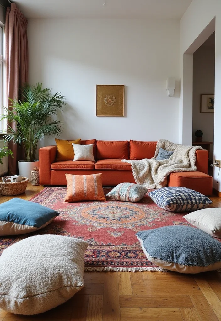14 Living Room Furniture Ideas for Balanced Practical Layouts 11. Floor Cushions and Poufs