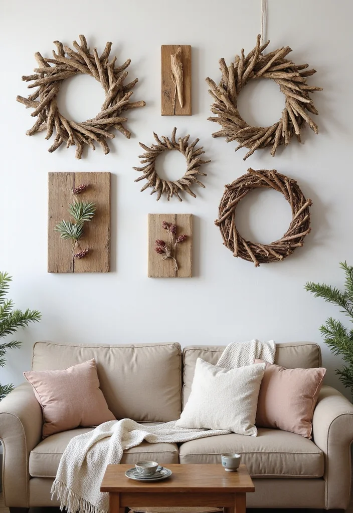 14 Living Room Xmas Decor Ideas for Cozy Festive Charm 10. Handcrafted Wall Art