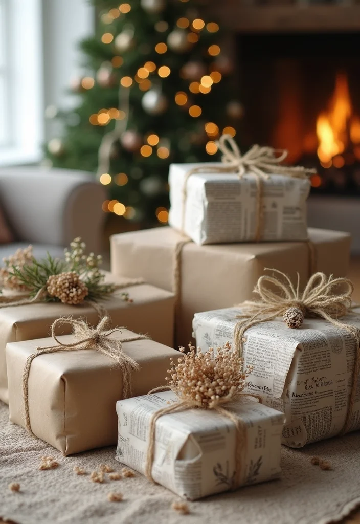 14 Living Room Xmas Decor Ideas for Cozy Festive Charm 11. Sustainable Gift Wrapping
