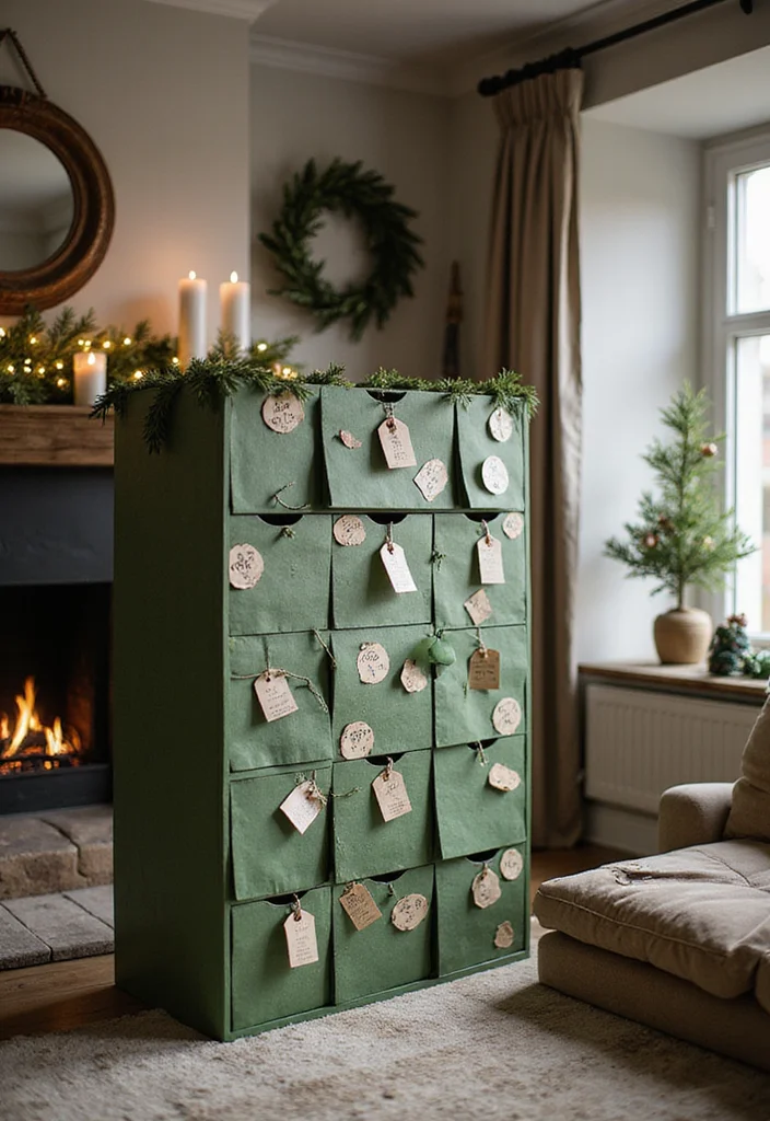 14 Living Room Xmas Decor Ideas for Cozy Festive Charm 12. Green Advent Calendar