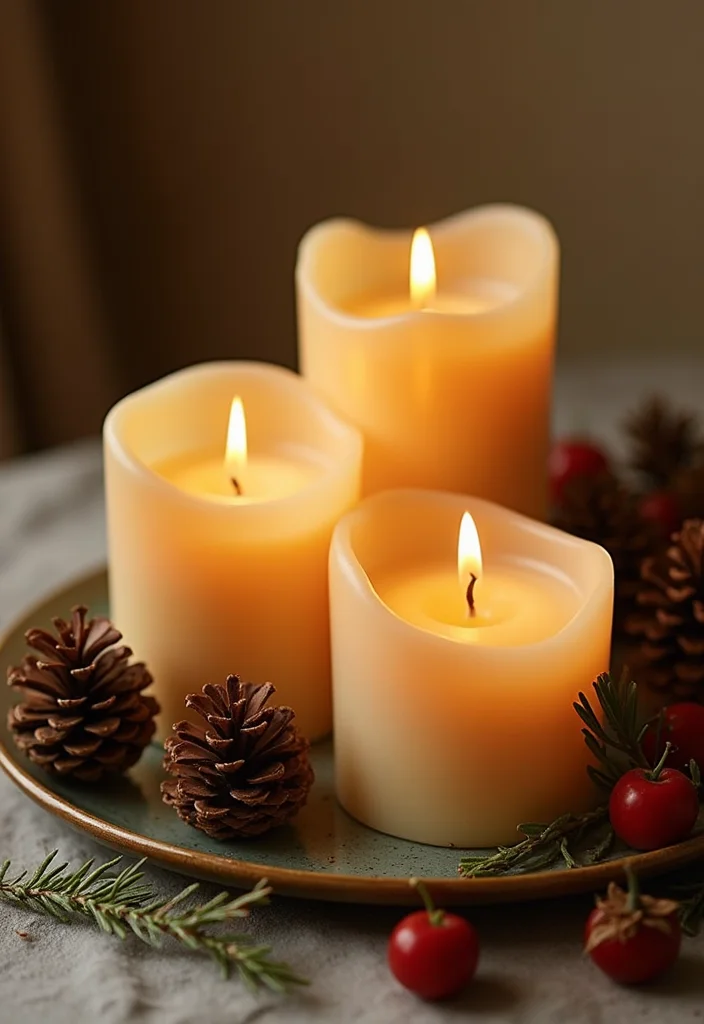 14 Living Room Xmas Decor Ideas for Cozy Festive Charm 6. Sustainable Candle Arrangements