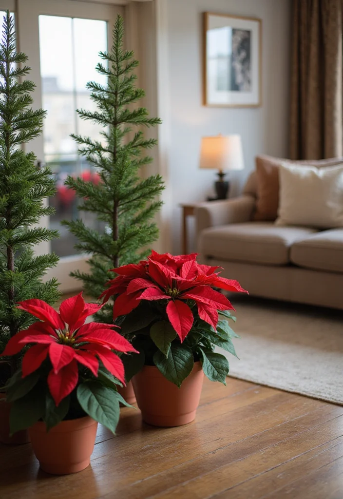 14 Living Room Xmas Decor Ideas for Cozy Festive Charm 8. Potted Holiday Plants