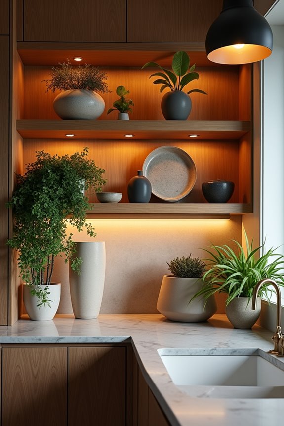 install statement lighting and plants above cabinets